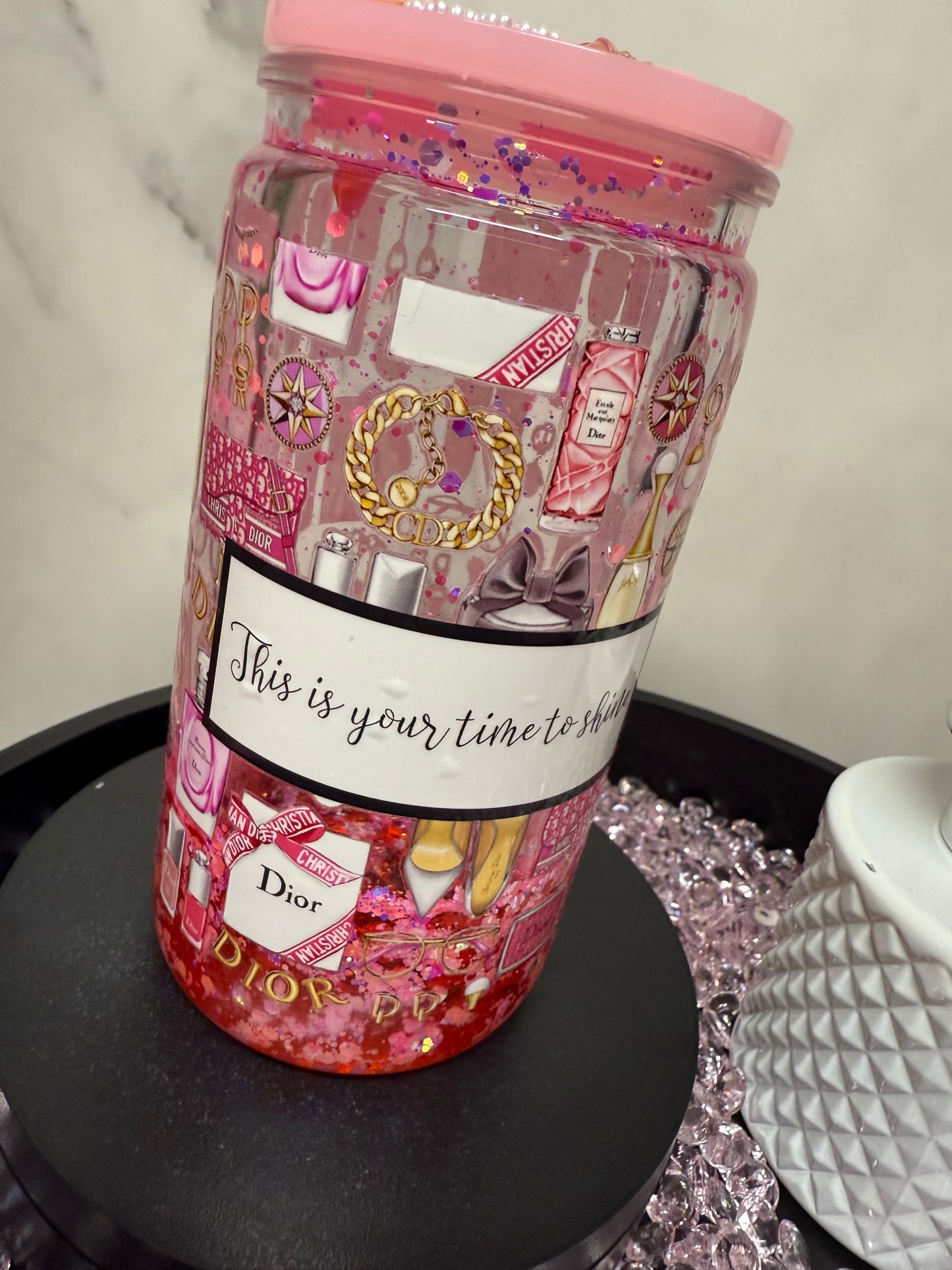 Pink Dior- Snow Globe Tumbler