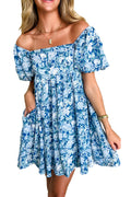 Blue Floral Baby Doll Mini Dress with Puffed Sleeves