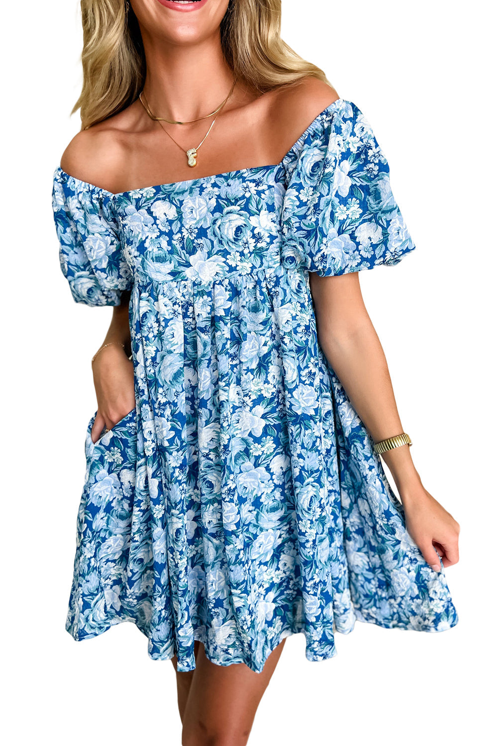 Blue Floral Baby Doll Mini Dress with Puffed Sleeves