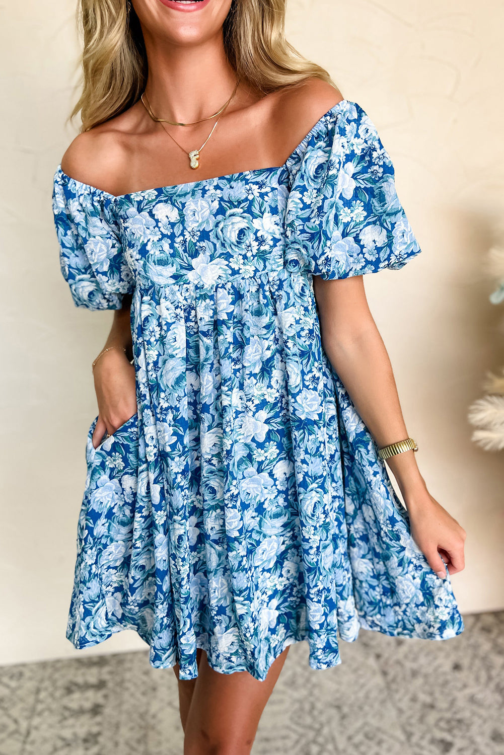 Blue Floral Baby Doll Mini Dress with Puffed Sleeves