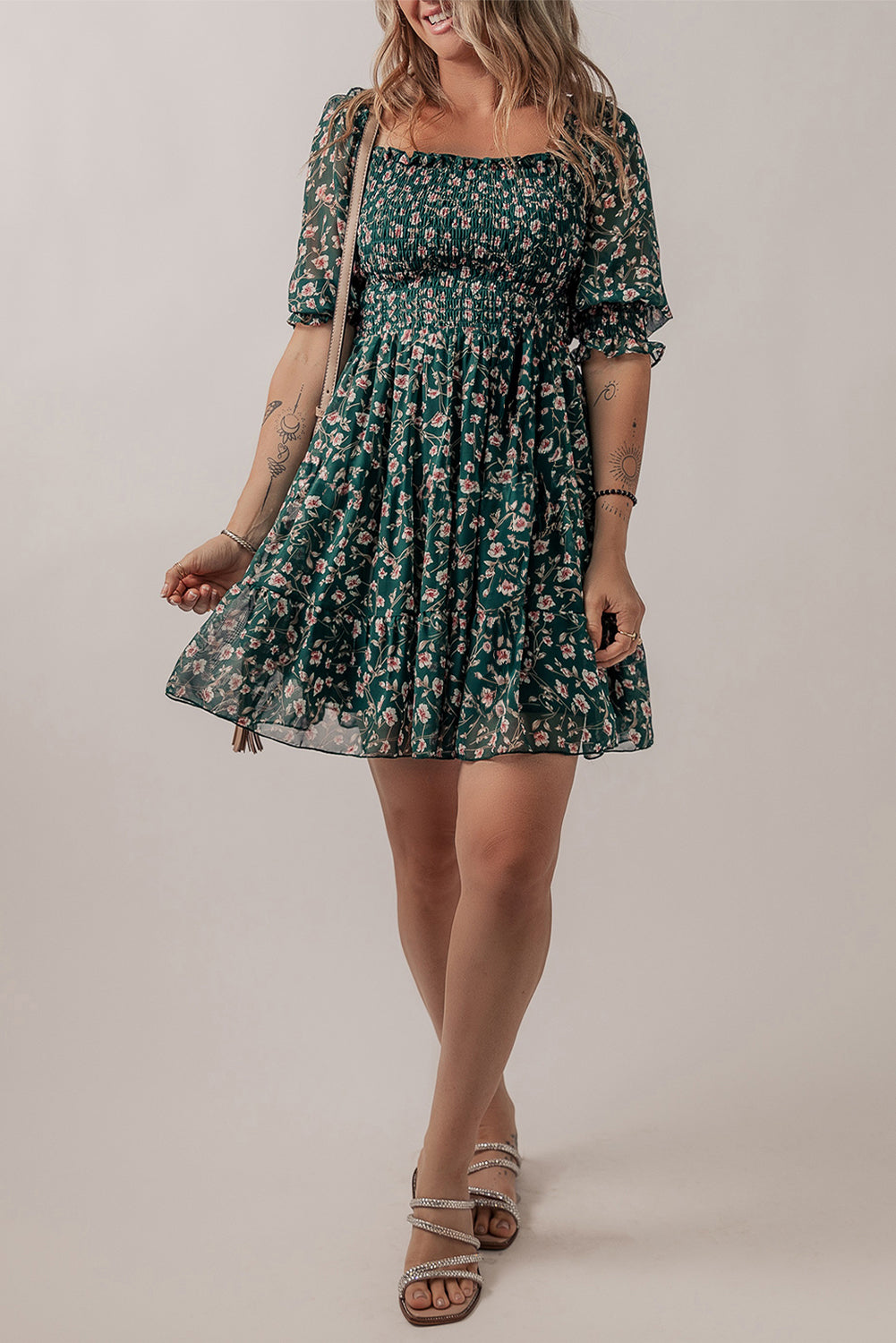 Green Smocked Floral Dress RTS