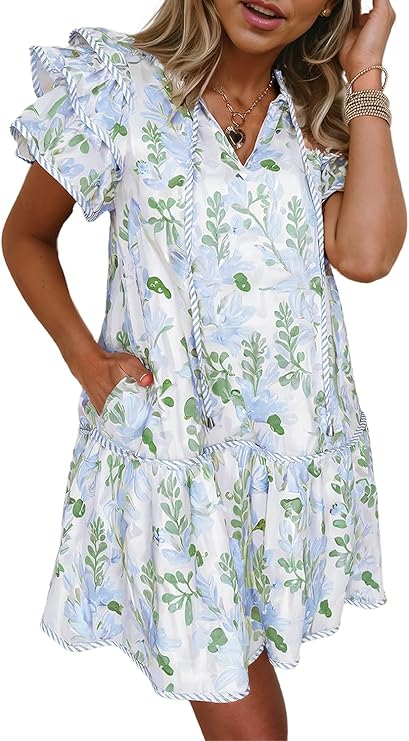 Floral Contrast Edge Layered Short Sleeve Mini Dress