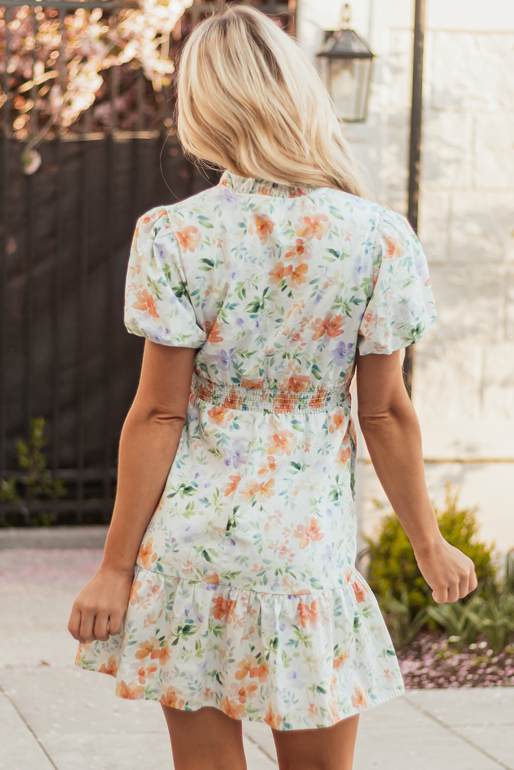 Beige Floral Print Shirred High Waist Mini Dress with Puff Sleeves