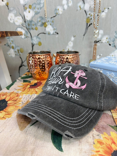 "Boat Hair Don't Care" Distressed Hat - Gray
