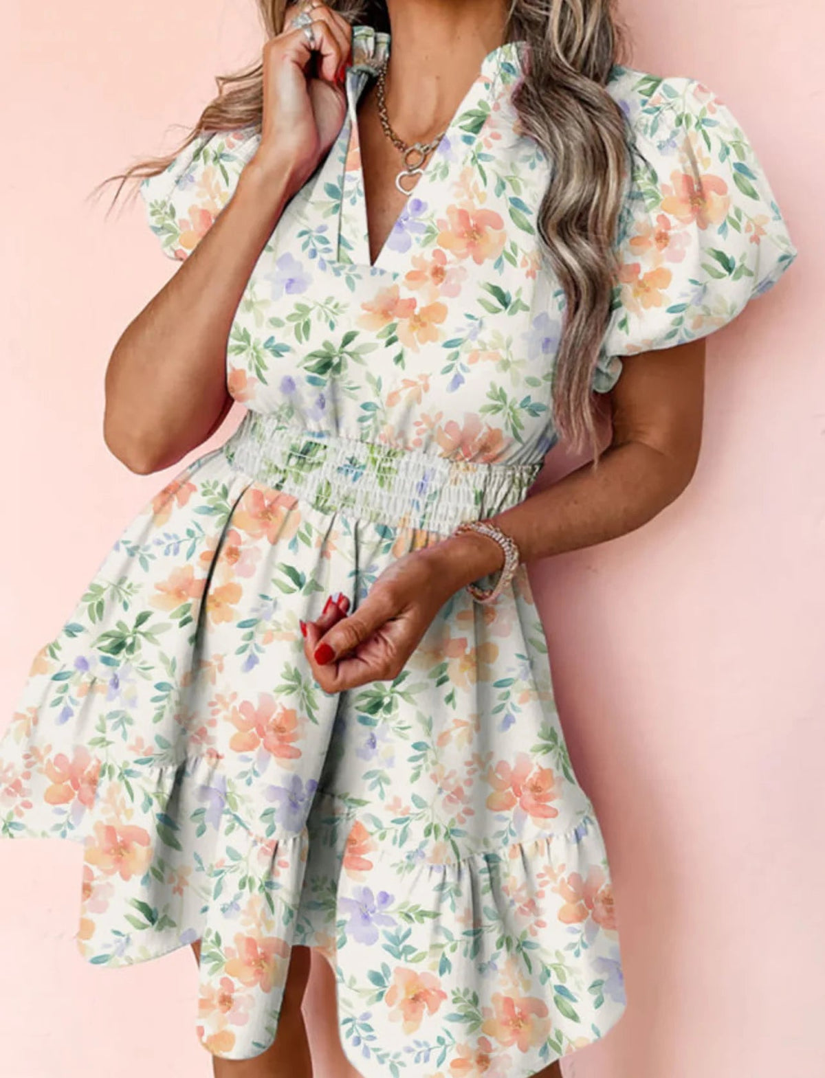 Beige Floral Print Shirred High Waist Mini Dress with Puff Sleeves