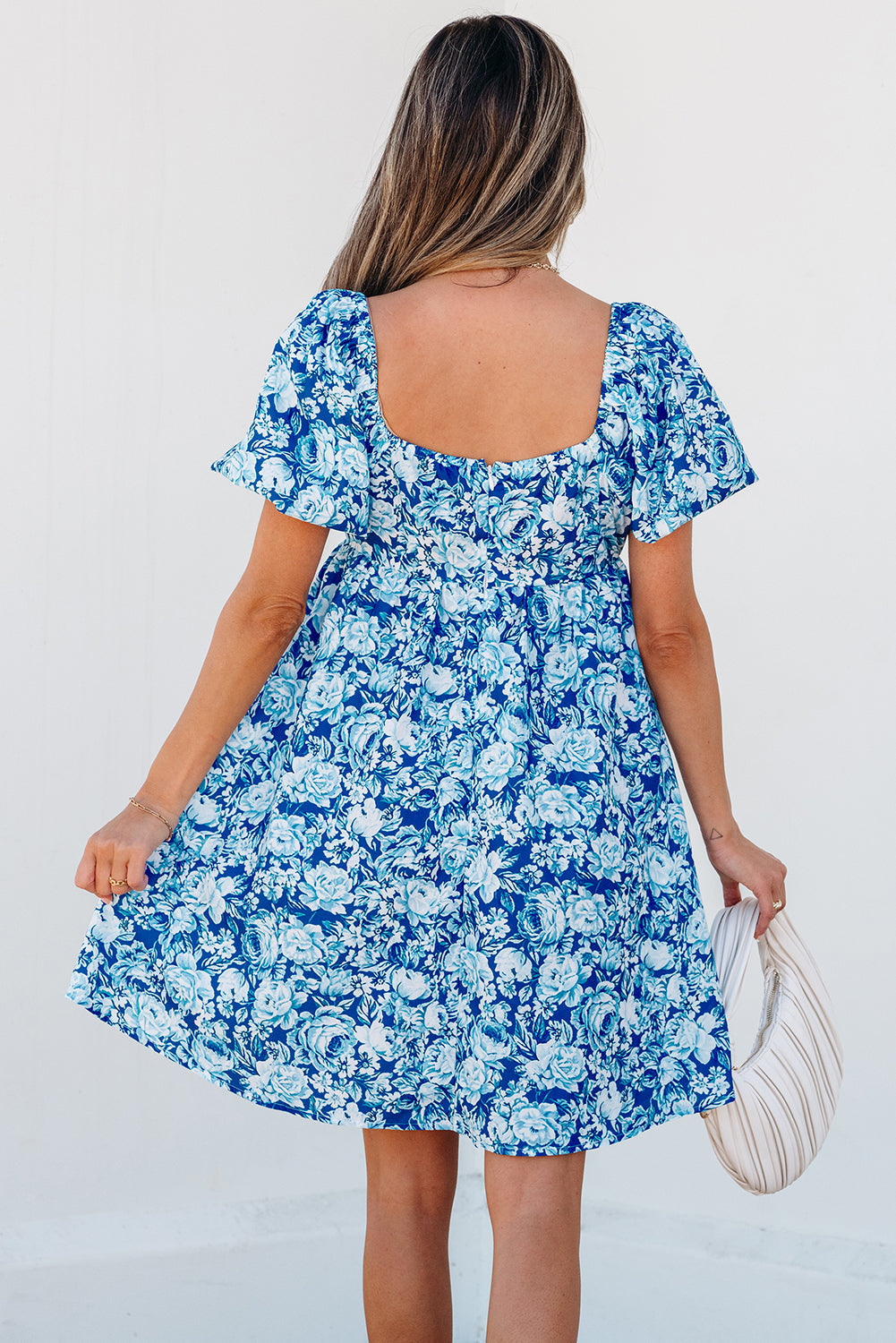 Blue Floral Baby Doll Mini Dress with Puffed Sleeves