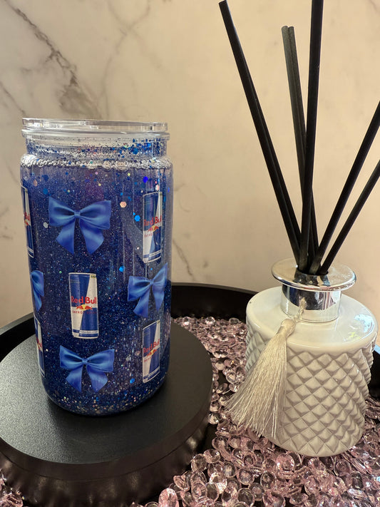Red bull & Bows- 16oz plastic snow globe tumbler