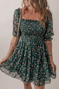 Green Smocked Floral Dress RTS