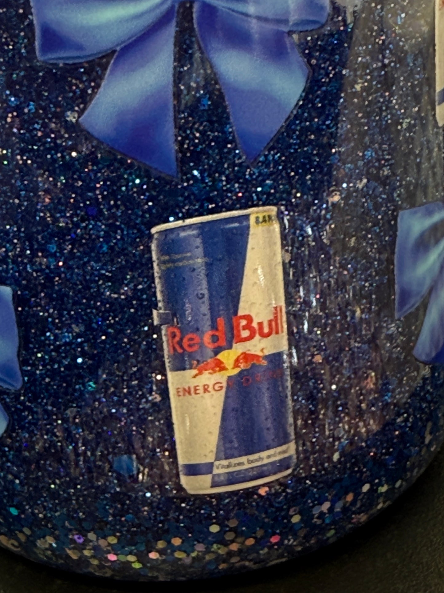 Red bull & Bows- 16oz plastic snow globe tumbler