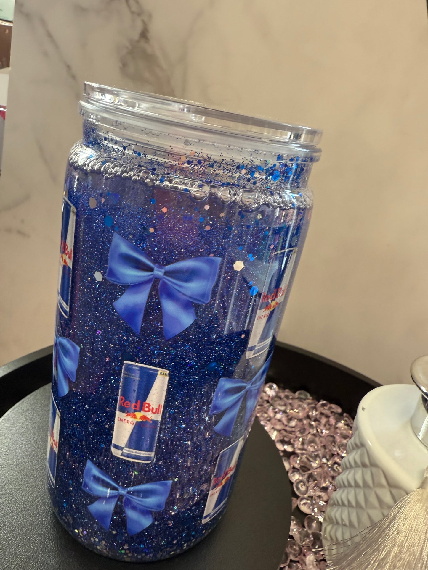 Red bull & Bows- 16oz plastic snow globe tumbler