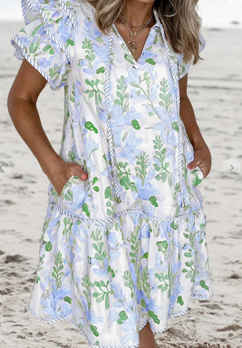 Floral Contrast Edge Layered Short Sleeve Mini Dress