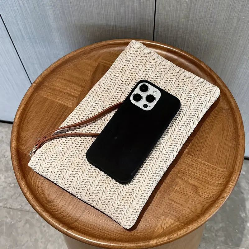 Straw Clutch Bag Bohemian Zipper Wristlet Summer Beach Handba