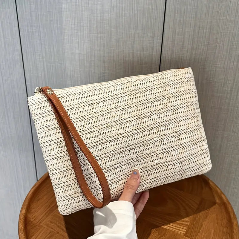 Straw Clutch Bag Bohemian Zipper Wristlet Summer Beach Handba
