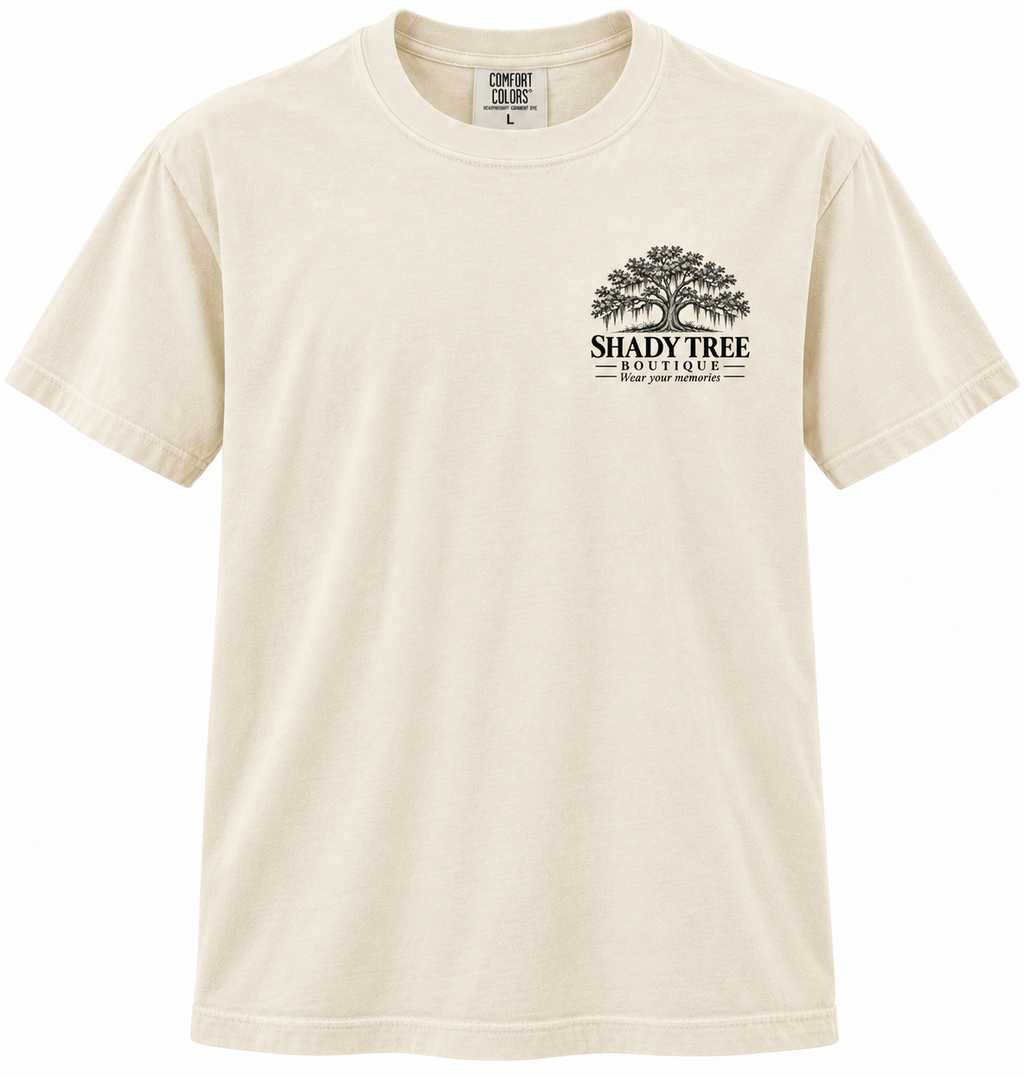 Front view of ivory Shady Tree Boutique T-shirt